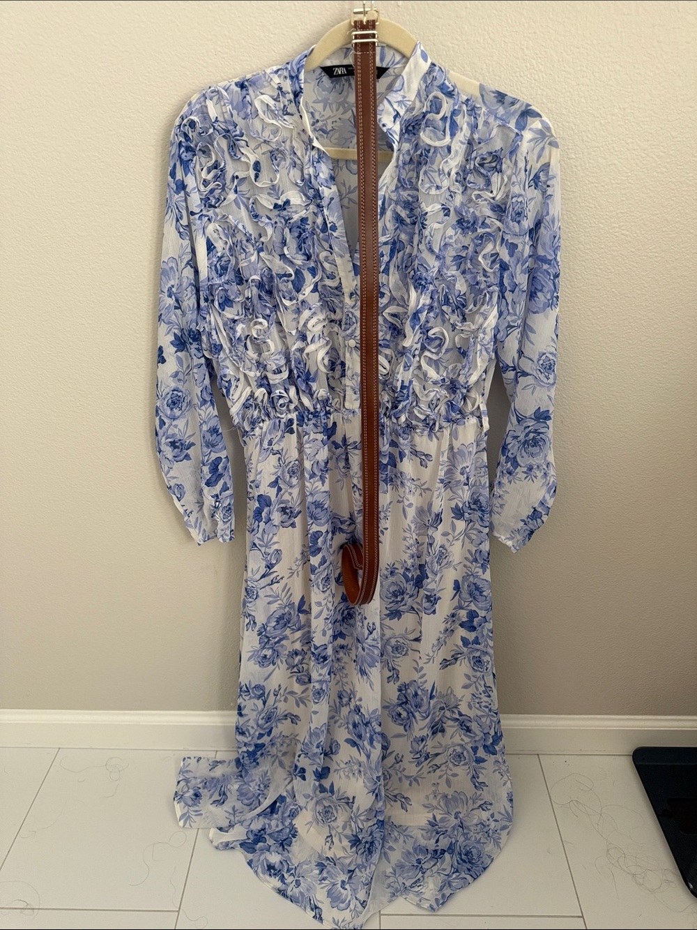 Zara White and Blue Floral Maxi Dress
